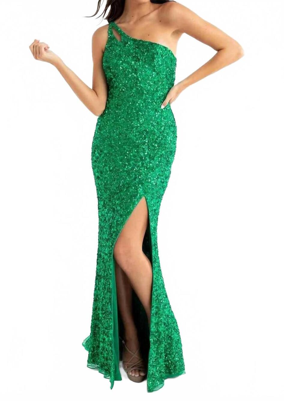 NEW PRIMAVERA asymmetrical sequin double strap dress in emerald